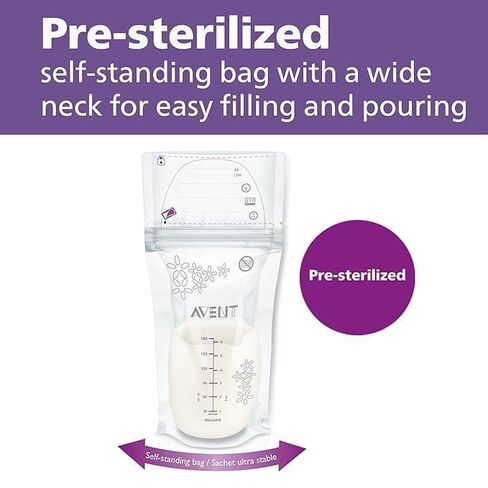 Philips Avent Breast Milk Storage Bags, 6 oz, 50-Pack | Pre-Sterilized, Reinforced Dual-Layer Bag, Double Zipper Leak Protection, Self-Standing, Wide Neck, SCF603/50 in Saudi Arabia