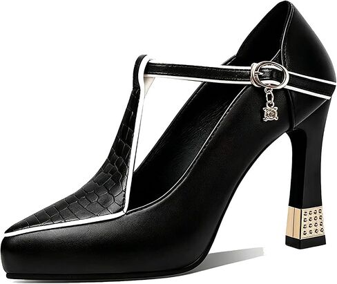 Women's PU Printed Rhinestone T-Strap Pumps Fashion Pointed Toe Elegant Mary Jane Block Heels Dress Shoes for Party Work Weddings in Saudi Arabia