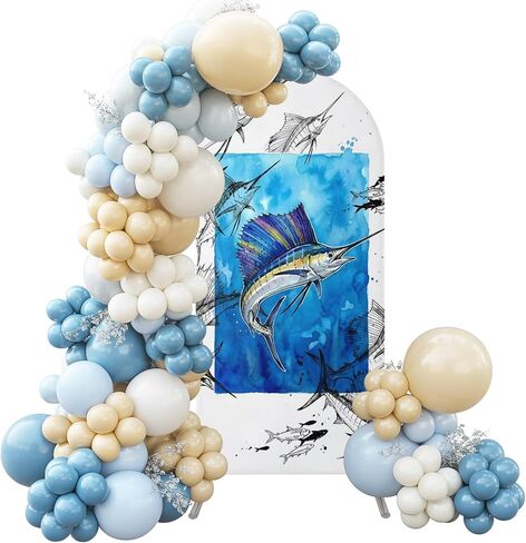 Wedding Arch Cover 6.6 FT, Blue Fish Coastal Stretch Chiara Backdrop Cover for Round Top Arch Stand, Ocean Animal Nautical Reusable Party Decoration for Wedding Baby Shower Birthday in Saudi Arabia