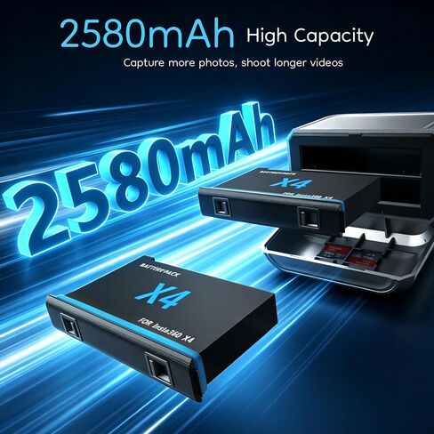 2026 New 360X4 Battery Charger Set, 2-Pack 2580mAh Replacement Battery and Dual Fast Charging Charger Case for Insta360 X4 Accessories with Misro SD Card Slots (2 Batteries+1 Charger) in Kuwait