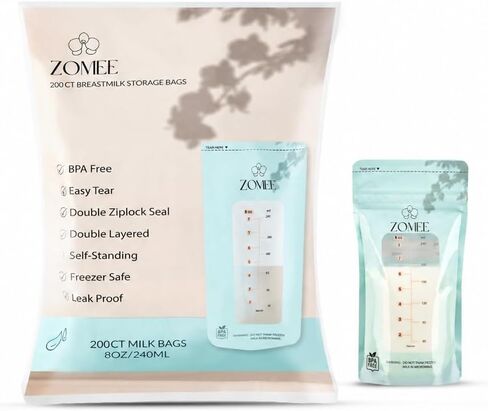 Zomee Breast Milk Storage Bags 8oz – Leakproof Double-Zip Seal, Self-Standing, Easy-Pour Design, Freezer Safe, Pre-Sterilized, BPA & Phthalate Free – Bulk Pack of 100 in Saudi Arabia