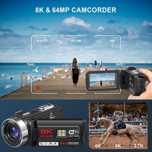 8K Video Camera 64MP Camcorder IR Night Vision 18X Zoom WiFi Vlog Camera | Support External Mic and Webcam Touch Screen Camcorder for YouTube with 32GB SD Card, Remote Control, and Two Batteries in Saudi Arabia