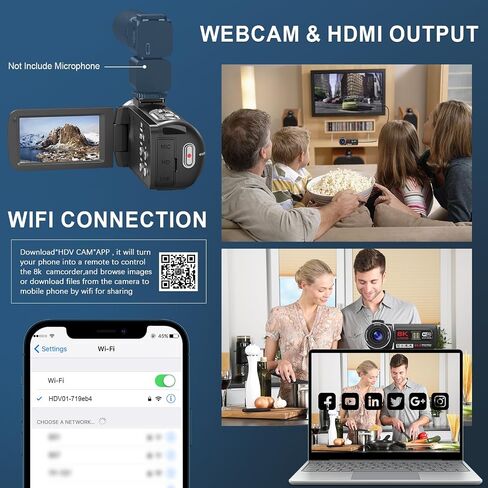 8K Video Camera 64MP Camcorder IR Night Vision 18X Zoom WiFi Vlog Camera | Support External Mic and Webcam Touch Screen Camcorder for YouTube with 32GB SD Card, Remote Control, and Two Batteries in Saudi Arabia
