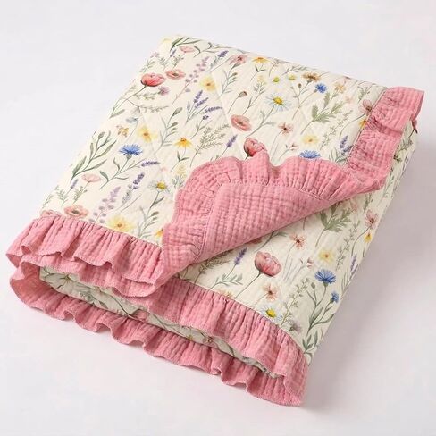 Wild Flowers Muslin Baby Blankets for Girls, 100% Cotton Crib Blanket for Infant Toddler, 40"x36" Super Soft Lightweight Nursery Swaddling Wrap, Floral Pink Reversible & Breathable Bedding Blankets in Kuwait