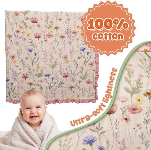 Wild Flowers Muslin Baby Blankets for Girls, 100% Cotton Crib Blanket for Infant Toddler, 40"x36" Super Soft Lightweight Nursery Swaddling Wrap, Floral Pink Reversible & Breathable Bedding Blankets in Kuwait
