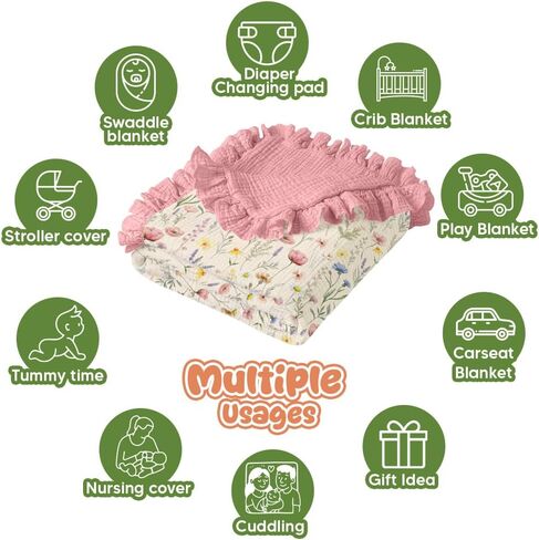 Wild Flowers Muslin Baby Blankets for Girls, 100% Cotton Crib Blanket for Infant Toddler, 40"x36" Super Soft Lightweight Nursery Swaddling Wrap, Floral Pink Reversible & Breathable Bedding Blankets in Kuwait