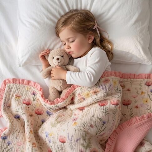 Wild Flowers Muslin Baby Blankets for Girls, 100% Cotton Crib Blanket for Infant Toddler, 40"x36" Super Soft Lightweight Nursery Swaddling Wrap, Floral Pink Reversible & Breathable Bedding Blankets in Kuwait