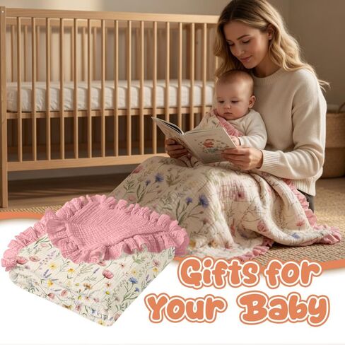 Wild Flowers Muslin Baby Blankets for Girls, 100% Cotton Crib Blanket for Infant Toddler, 40"x36" Super Soft Lightweight Nursery Swaddling Wrap, Floral Pink Reversible & Breathable Bedding Blankets in Kuwait