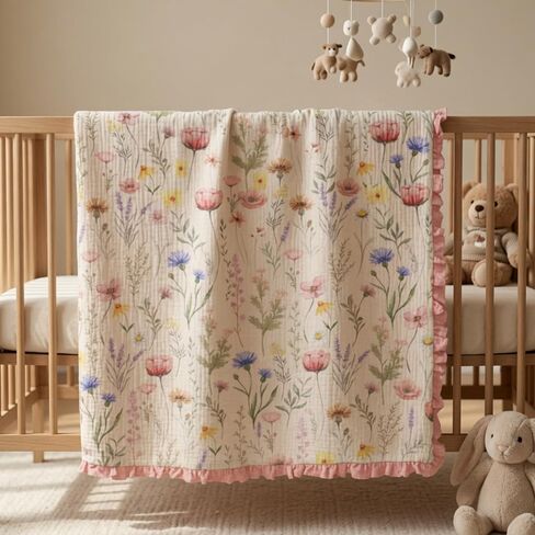Wild Flowers Muslin Baby Blankets for Girls, 100% Cotton Crib Blanket for Infant Toddler, 40"x36" Super Soft Lightweight Nursery Swaddling Wrap, Floral Pink Reversible & Breathable Bedding Blankets in Kuwait