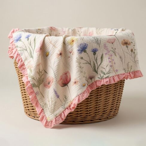 Wild Flowers Muslin Baby Blankets for Girls, 100% Cotton Crib Blanket for Infant Toddler, 40"x36" Super Soft Lightweight Nursery Swaddling Wrap, Floral Pink Reversible & Breathable Bedding Blankets in Kuwait
