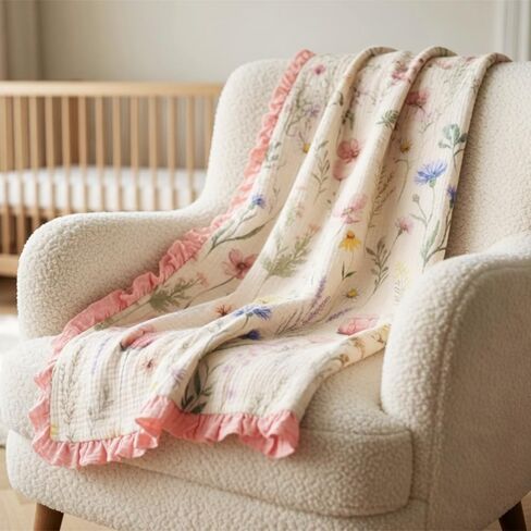 Wild Flowers Muslin Baby Blankets for Girls, 100% Cotton Crib Blanket for Infant Toddler, 40"x36" Super Soft Lightweight Nursery Swaddling Wrap, Floral Pink Reversible & Breathable Bedding Blankets in Kuwait