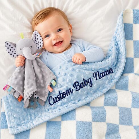 Personalized Baby Blanket and Bunny Lovey Set Baby Essentials For Boy Girls | Custom Baby Blanket Minky Dot Bunny Rabbit for Newborn Boy Girl Toddlers Shower Gift Women, Birthday Keepsake(Pink Gingham) in Saudi Arabia