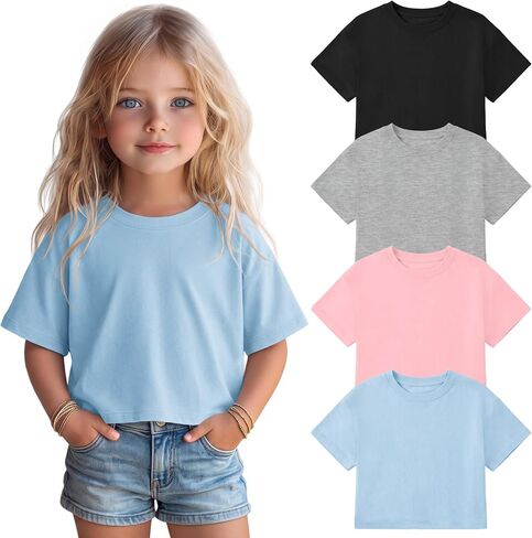 4 Pack Toddler Girls Crop Tops | Crew Neck, T Shirts, Short Sleeve, Basic Tees, Summer, Cute, Park, Beach, Travel in Kuwait