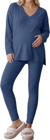 Locoowai Women's Maternity Lounge Set 2 Piece Outfits | Pregnant Woman Matching Set, PregnancyClothing Set, Long Sleeve Side Slits Top, V Neck, Leggings, Comfy, Home Wear in Saudi Arabia