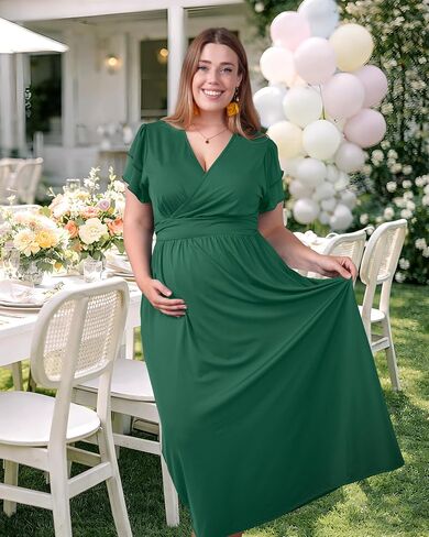 Maternity Maxi Dress Summer Flowy for Baby Shower,Dark Green 2XL | Short Sleeve Wrap Design with Pockets,Soft Stretchy Fit for Growing Bumps,Pregnancy Dress for Photoshoot & Casual Outings in Kuwait