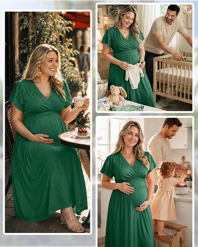 Maternity Maxi Dress Summer Flowy for Baby Shower,Dark Green 2XL | Short Sleeve Wrap Design with Pockets,Soft Stretchy Fit for Growing Bumps,Pregnancy Dress for Photoshoot & Casual Outings in Kuwait