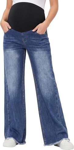 Foucome Maternity Jeans Wide Leg Raw Hem Denim Pants | Over Belly, Soft & Stretchy Fabric, Side Seam, Loose Fit, Basic Five Pockets, Trendy Baggy Jeans in Saudi Arabia