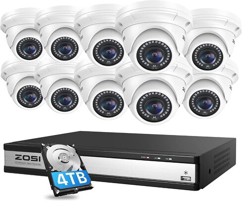 ZOSI 4K 16CH POE Security Camera System with 4TB HDD, 16pcs 5MP Metal Cams | Person Vehicle Detection, Night Vision, Outdoor/Indoor, Remote Access, H.265+ 8MP 16CH NVR for Home Business 24/7 Recording in Saudi Arabia