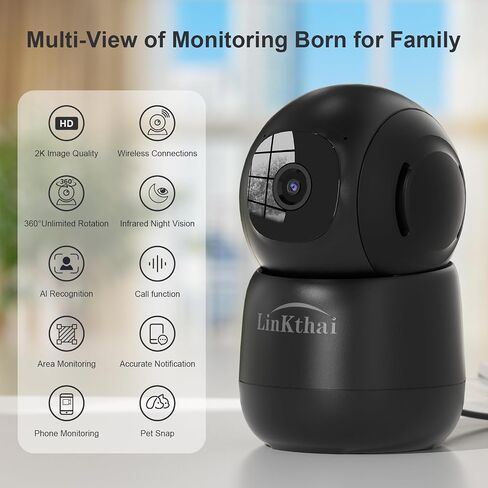 Indoor Security Camera 2K Pet Camera 2.4 GHz Dog Camera Black | App Motion Detection Auto Tracking Alarm Live Notice Schedule Default Location, Pet Camera with Night Vision in Saudi Arabia