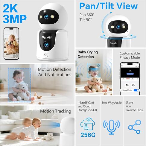 2K Dual Lens Indoor Security Camera, Dual View Pan/Tilt Camera for Baby & Pet Monitoring, AI Motion Tracking, Privacy Mode, Two-Way Talk, Cry Detection, Color Night Vision, 24/7 Continuous Recording in Kuwait