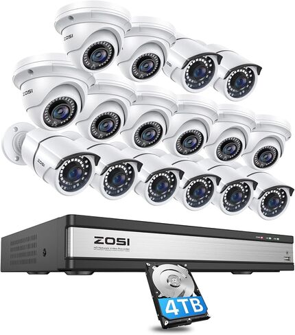ZOSI 4K 16CH PoE Home Security Cameras System,4K 8MP 16CH H.265 CCTV NVR with 4TB HDD and 16 x 5MP Indoor Outdoor PoE IP Bullet Dome Cameras with Night Vision,Remote Access for 24/7 Recording in Saudi Arabia