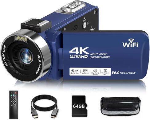 Video Camera, 4K Camcorder 56MP Digital Video Recorder 18X Zoom 3" 270° Rotation Touchscreen IR Night Vision, Wifi Vlogging Camera for YouTube 64GB Card Anti-Shake Remote Control Camera Bag Lens Cap in Saudi Arabia