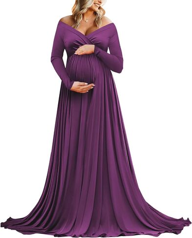 Saslax Maternity Dress Photoshoot Baby Shower Gown Plum Purple S | Flowy Maxi Length,Formal Elegant,Gender Reveal,Wedding Guest,Photography,Special Occasions in Saudi Arabia