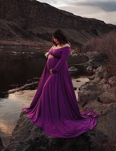Saslax Maternity Dress Photoshoot Baby Shower Gown Plum Purple S | Flowy Maxi Length,Formal Elegant,Gender Reveal,Wedding Guest,Photography,Special Occasions in Saudi Arabia