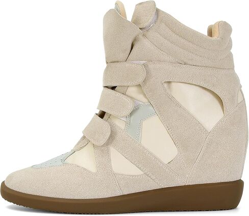 Wedge Sneakers for Women Heels Suede Hook and Loop Beige High Heel Platform Tennis Round Toe Triple Strappy Band Casual Vintage Fashion Dressy Comfy Campus Trendy Retro in Kuwait