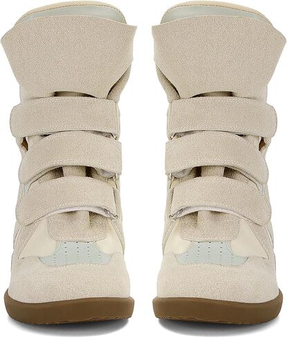 Wedge Sneakers for Women Heels Suede Hook and Loop Beige High Heel Platform Tennis Round Toe Triple Strappy Band Casual Vintage Fashion Dressy Comfy Campus Trendy Retro in Kuwait