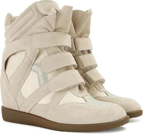 Wedge Sneakers for Women Heels Suede Hook and Loop Beige High Heel Platform Tennis Round Toe Triple Strappy Band Casual Vintage Fashion Dressy Comfy Campus Trendy Retro in Kuwait