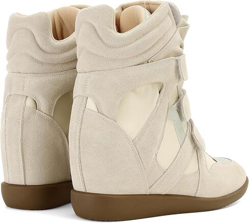 Wedge Sneakers for Women Heels Suede Hook and Loop Beige High Heel Platform Tennis Round Toe Triple Strappy Band Casual Vintage Fashion Dressy Comfy Campus Trendy Retro in Kuwait