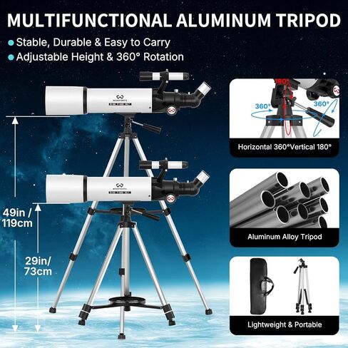 90mm Aperture 600mm Refractor Telescope for Adults High Powered | 180x magnification, with adjustable tripod, phone adapter, carry bag, portable professional astronomy telescope for beginners in Saudi Arabia