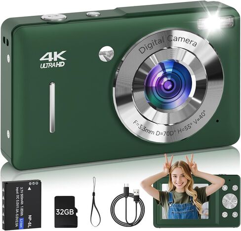 Digital Camera for Kids, FHD 1080P 44MP Point and Shoot Digital Camera, Pink and DeepGreen in Saudi Arabia