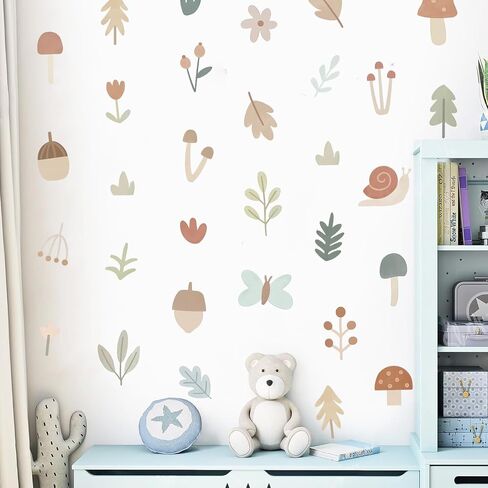 Boho Woodland 56-Piece Wall Decals, Neutral Mushroom & Forest Tree Stickers for Baby Nursery, Montessori Playroom, Toy Box & Furniture Decor, Matte Vinyl Art in Kuwait