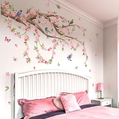 Large Pink Cherry Blossom Tree Wall Stickers Purple Flower Tree Bird Tree Branch Wall Decals for Girls Kids Bedroom Nursery Living Room TV Wall Decor Home Office (FlowerTree, PinkFlower) in Saudi Arabia