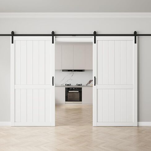 96"x84" White Barn Door with 16FT Track Kit & Handle & Floor Guide, K-Shape | Pre-Drill Holes Double Barn Door For Easy Assembly, Solid Core Wood Sliding Barn Door for Water-Resistant & Sound Reduction in Kuwait