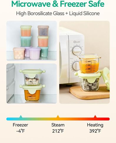7oz Borosilicate Glass Baby Food Storage Jars with Silicone Lid Set (2 PCS), 1.7oz Airtight Silicone Cups (8 PCS) Baby Food Containers, Microwave Dishwasher Freezer Safe (Infant and Babies) in Saudi Arabia