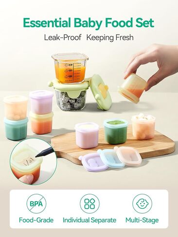 7oz Borosilicate Glass Baby Food Storage Jars with Silicone Lid Set (2 PCS), 1.7oz Airtight Silicone Cups (8 PCS) Baby Food Containers, Microwave Dishwasher Freezer Safe (Infant and Babies) in Saudi Arabia