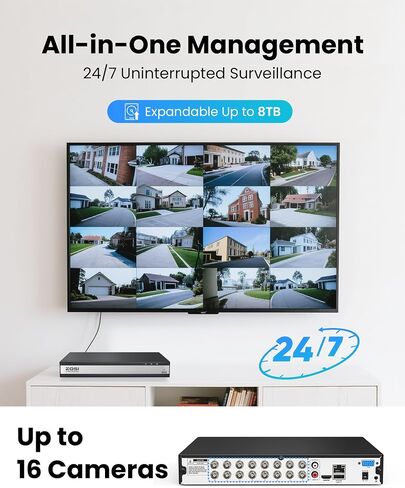 نظام كاميرا أمان ZOSI 1080P خارجي داخلي مع تقنية الذكاء الاصطناعي للكشف عن المركبات البشرية، H.265+ 16 قناة DVR مع كاميرا قبة رصاصية مقاومة للطقس 8 × 2 ميجابكسل، وصول عن بعد، دفع تنبيه الحركة، بدون محرك أقراص ثابت in Kuwait