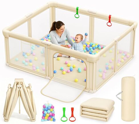 59"X71" Foldable Baby Playpen with Mat Play Pen for Baby and Toddler Beige | Extra Large Playpens, Baby Essential Gifts, Portable Play Pen For 6-12 Months Play Yard Safety Fence Indoor, Pack And Play in Saudi Arabia