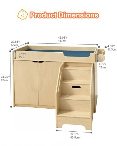 Wooden Baby Changing Table with Stairs and Storage | 100% Birch Plywood Toddler Diaper Changing Station with Tissue Holder, Montessori Furniture for Daycare Nursery Home School in Saudi Arabia