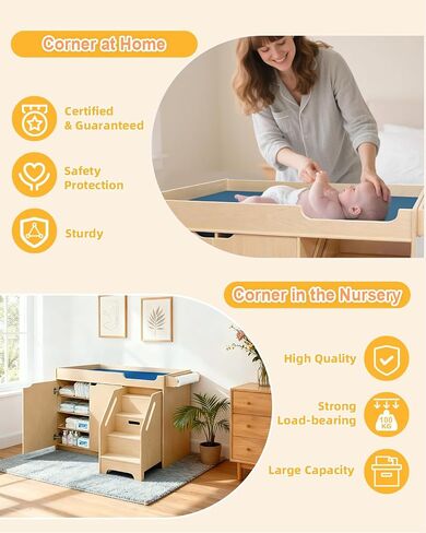 Wooden Baby Changing Table with Stairs and Storage | 100% Birch Plywood Toddler Diaper Changing Station with Tissue Holder, Montessori Furniture for Daycare Nursery Home School in Saudi Arabia