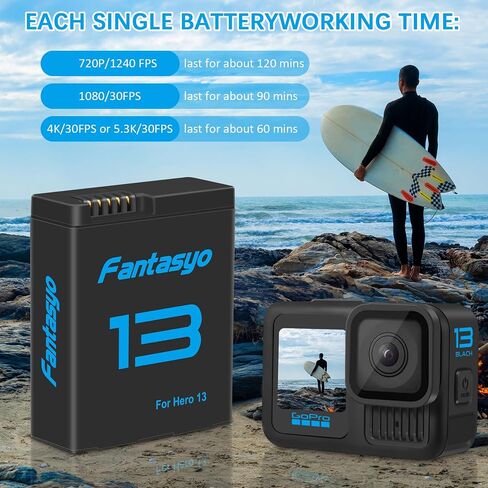 Fantasyo Replacement Batteries 2100mAh (2-Pack) for Gopro Hero 13 Black and 3-Channel Quick Charger, Fully Compatible with Gopro Hero 13 Battery and Charger in Kuwait