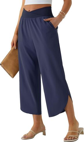 Pants for Women Trendy Dressy Casual 2026 Summer Baggy Beach Vacation Outfits Wide Leg Loose Fit Palazzo with Pockets Crossover High Waisted Flowy Capri Slacks Navy Blue XS in Saudi Arabia