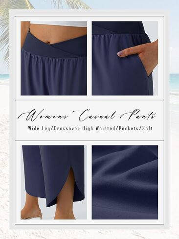 Pants for Women Trendy Dressy Casual 2026 Summer Baggy Beach Vacation Outfits Wide Leg Loose Fit Palazzo with Pockets Crossover High Waisted Flowy Capri Slacks Navy Blue XS in Saudi Arabia