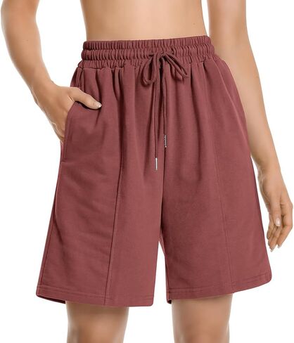 Womens Long Sweat Shorts Bermuda Cotton Athletic Shorts with Pockets | Gym Yoga Golf Athletic Sweatshorts, Loose Lounge Teen Girls Workout Shorts, Loose Active Soft Casual Summer Drawstring Shorts in Saudi Arabia