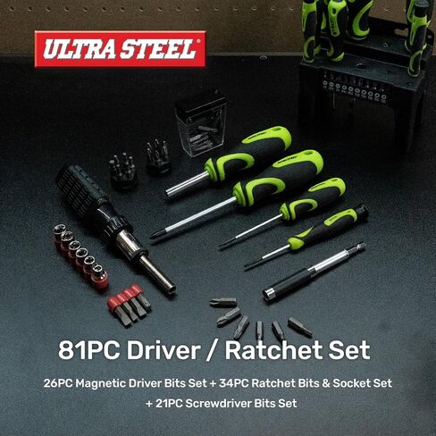 81PC Tool Set, Magnetic Driver Bits, 2 Inch Reversible Ratchet | Screwdriver, Carbon Socket, PH2 S1 S2 S3 Star T20, 5-9mm and 1/4-1/2 Sockets, DIY, Home, Repair in Kuwait
