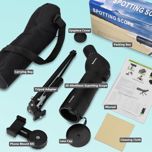 Spotting Scopes, 20-60x60mm Zoom 39-19m/1000m with FMC Lens, BAK4 45 Degree Angled Eyepiece, Fogproof Spotting Scope with Tripod, Phone Adapter, Carry Bag for Birding Watching in Saudi Arabia