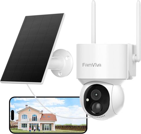 2K Solar Security Cameras Wireless Outdoor, 360°PTZ Battery Powered Cameras for Home Security, 2.4G WiFi Outdoor Camera with Color Night Vision, IP66 Waterproof, Motion Sensor Alarm, White in Kuwait